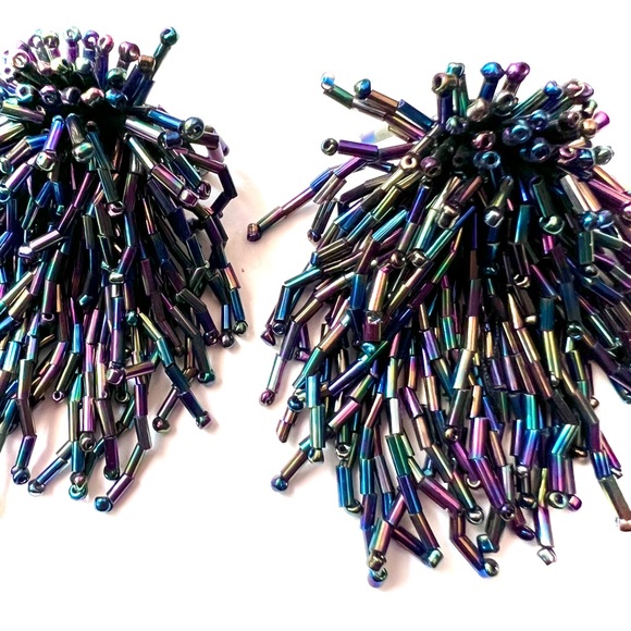 Vintage Fringe Earrings Clips Starburst Dangle Beaded Iridescent Peacock Mermaid - Picture 3 of 7